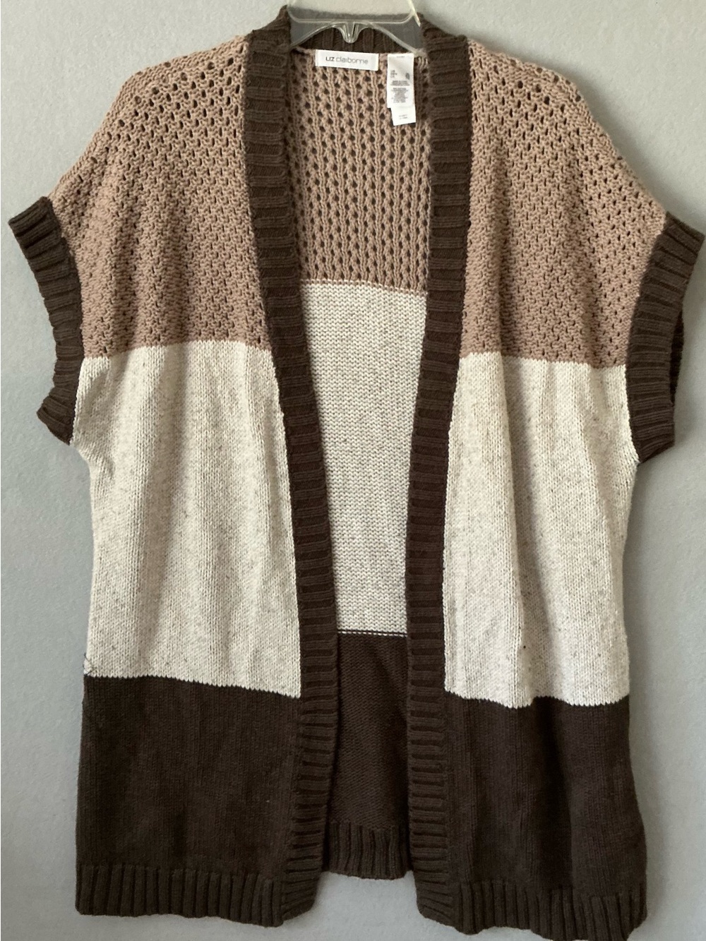 Liz Claiborne Boho Colorblock Crochet Cardigan Sweater Open Front Knit Womens XL